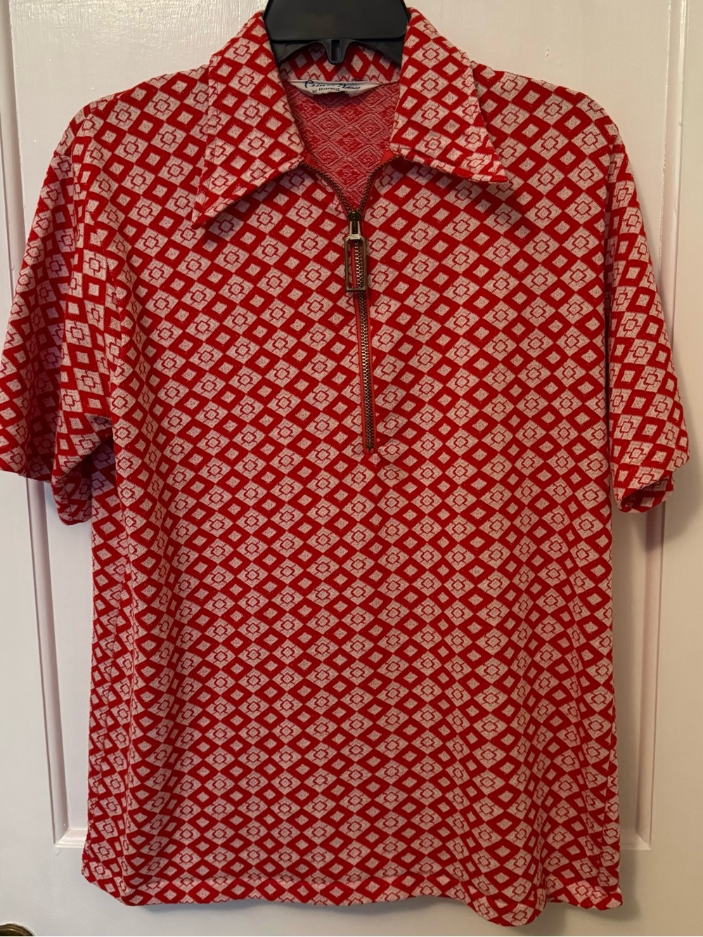 Prince Red and White Geometric Zip Polo